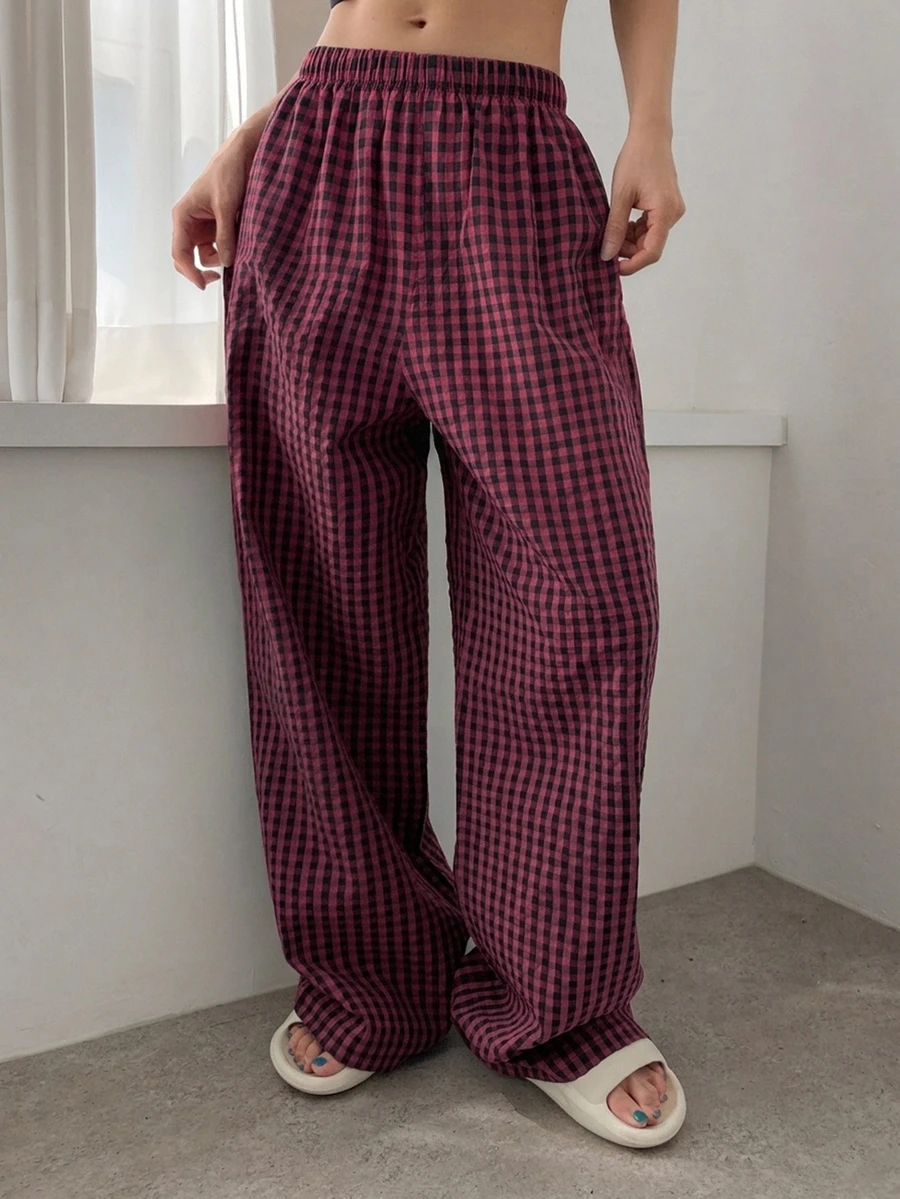 DAZY Gingham Print Sleep Pants - Burgundy - View 1
