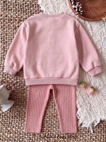 Cozy Pixies 女嬰卡通刺繡保暖內裡運動衫與內搭褲套裝 - 粉色 - 查看 2