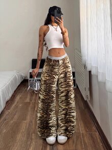 StreetHx Tiger Striped Wide Leg Jeans - Multicolor - View 1
