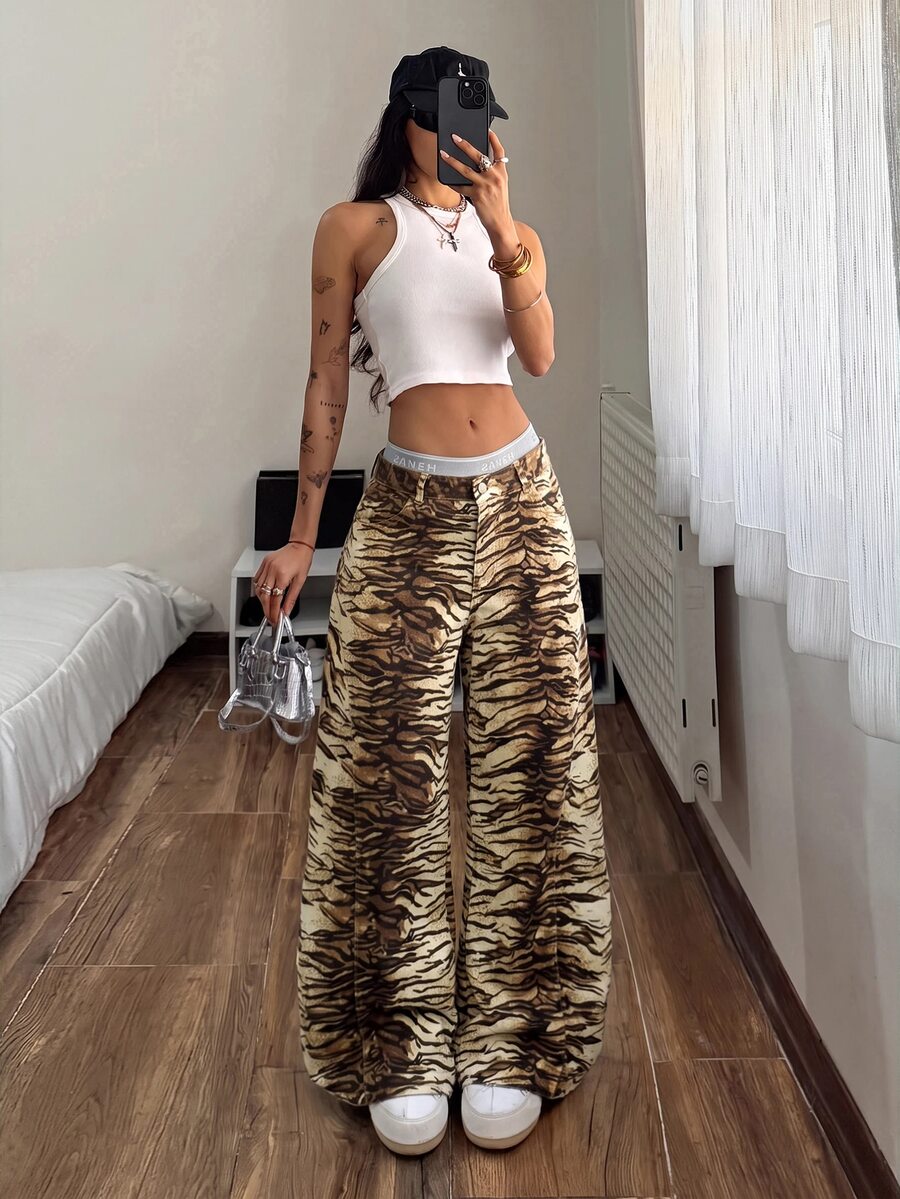StreetHx Tiger Striped Wide Leg Jeans - Multicolor - View 1