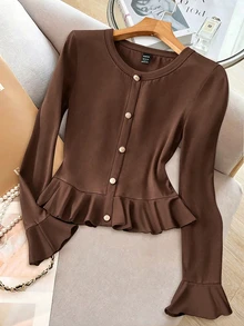 Selianne Flounce Sleeve Ruffle Hem Tee - Brown - View 1