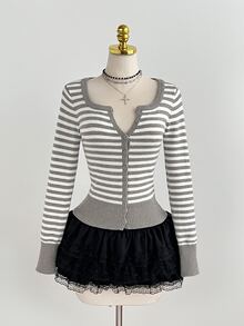 Elamini Grey Plaid Pattern Button Front Cardigan School Autumn French Preppy - Grey - View 1
