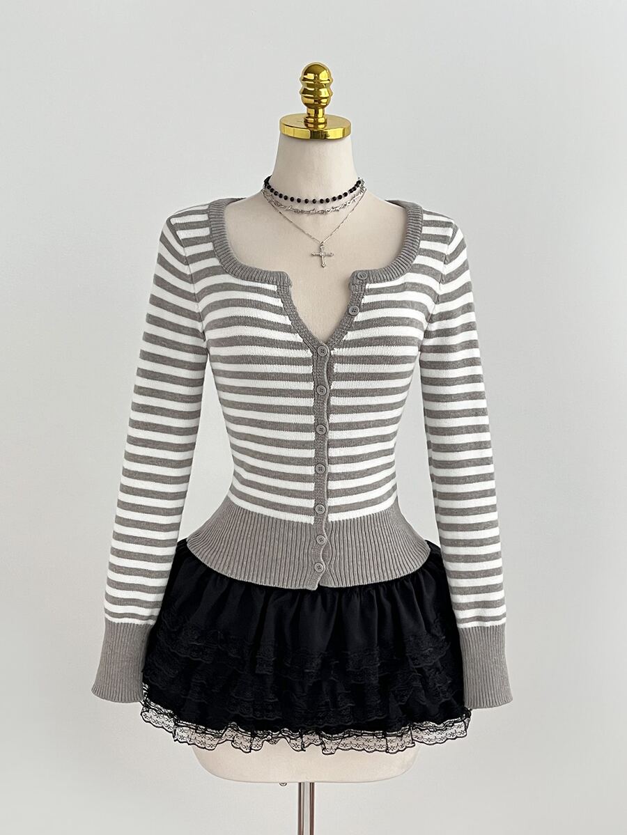 Elamini Grey Plaid Pattern Button Front Cardigan School Autumn French Preppy - Grey - View 1