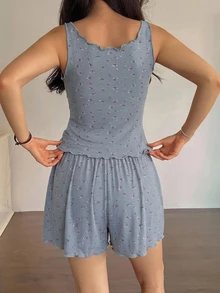 DAZY 碎花印花荷葉邊睡衣套裝 - 藍色 - 查看 2