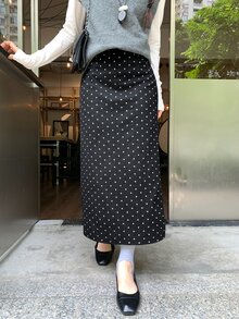 DAZY Polka Dot Split Back Straight Skirt Fall - Black - View 4