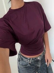 Aloruh Kaos Crop Top Polos dengan Bahu Jatuh, Cocok untuk Acara Santai, Brunch, Pantai, Hari Minggu, Warna Ungu Tua, dan Gaya Kasual Musim Panas. - Red Violet - View 1
