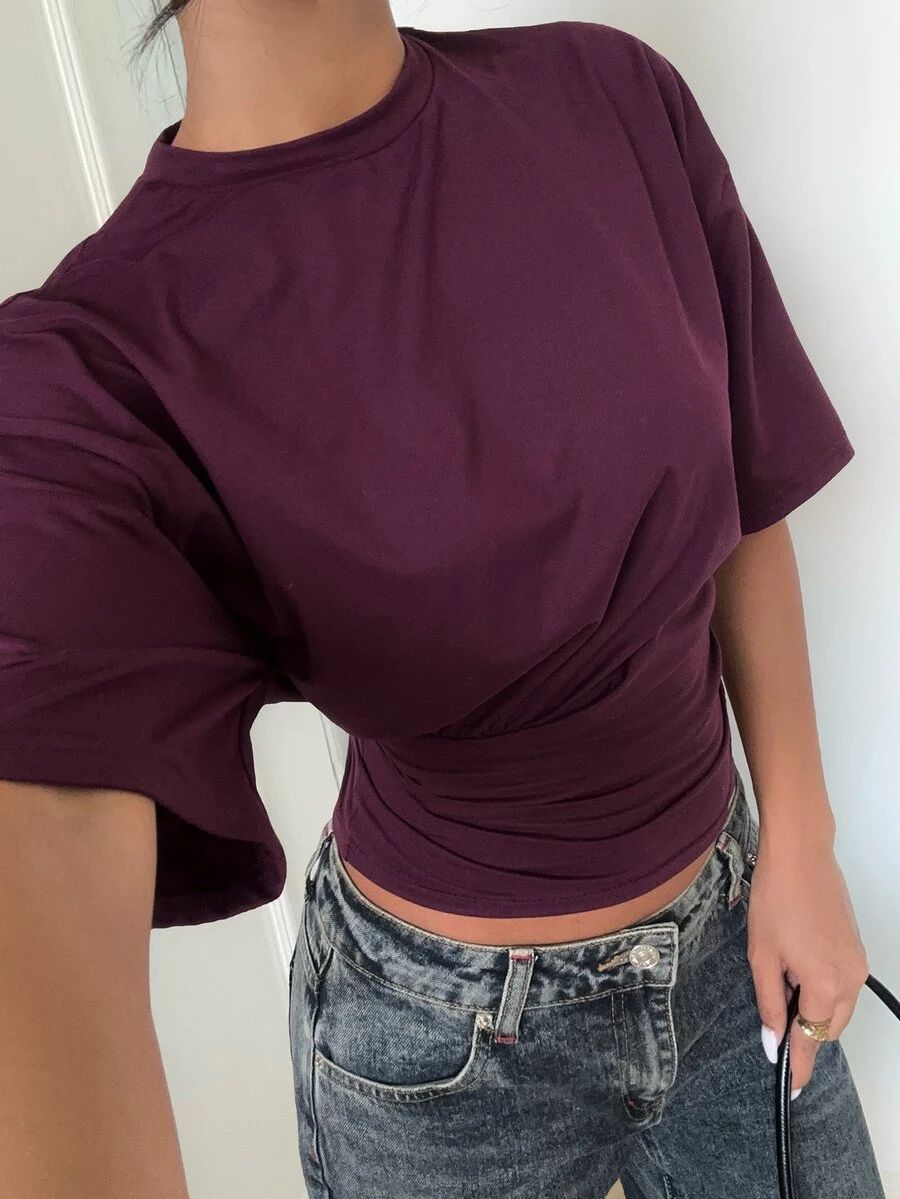Aloruh Kaos Crop Top Polos dengan Bahu Jatuh, Cocok untuk Acara Santai, Brunch, Pantai, Hari Minggu, Warna Ungu Tua, dan Gaya Kasual Musim Panas. - Red Violet - View 1