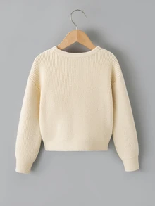 SHEIN Young Girl Twist Front Drop Shoulder Sweater - Beige - View 2