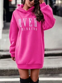 SHEIN 字母圖案落肩連帽衛衣洋裝 - 玫紅色 - 查看 4