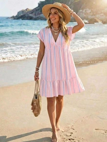 SHEIN LUNE Vestido holgado con estampado de rayas y bajo con volantes - Multicolor - Ver 6
