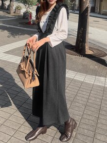 FRIFUL Solid Ruffle Trim Overall Dress Without Tee Brunch Dark Green Autumn French Elegant - Dark Grey - View 3