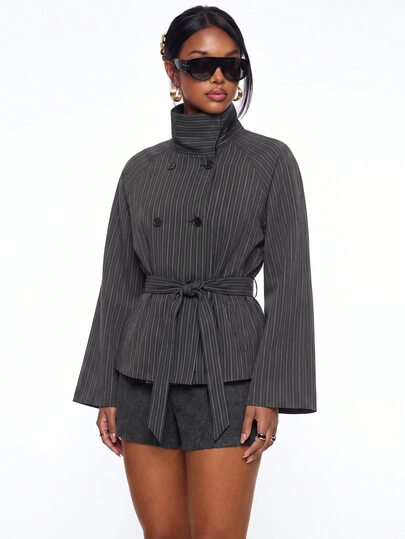 Avantive Striped Print Raglan Sleeve Belted Trench Coat