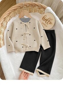 SHEIN Baby Girl Heart Pattern Cardigan & Knit Pants - Apricot - View 8