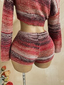 Soleia Space Dye Drop Shoulder Asymmetrical Shoulder Crop Sweater & Knit Shorts Set Without Chain Belt - Multicolor - View 5