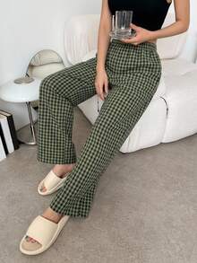 DAZY Gingham Print Elastic Waist Sleep Pants - Green - View 7