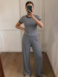 DAZY Striped Print Contrast Binding Lounge Set - Dark Grey - View 3