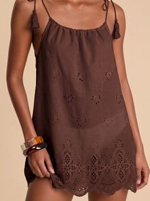 Travachic Tassel Decor Tie Shoulder Cover Up Dress - Brown - View 1