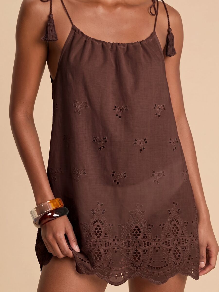 Travachic Tassel Decor Tie Shoulder Cover Up Dress - Brown - View 1