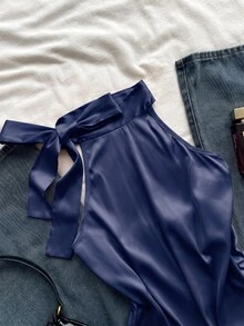 Attitoon Solid Knot Side Ruched Asymmetrical Hem Halter Top - Navy Blue - View 4