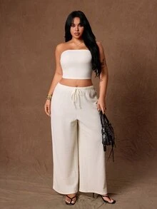 Rustia Ditambah atasan tube crop polos & celana lebar. - Aprikot - View 6