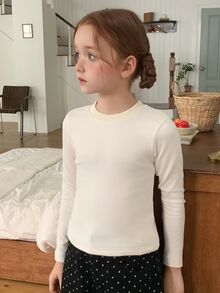 DAZY Tween Girl Solid Round Neck Long Sleeve Tee Fall - Beige - View 1