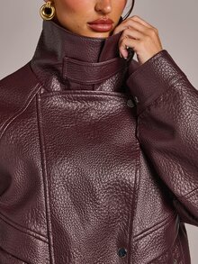 SHEIN BAE Jaket Kulit PU dengan Resleting - Burgundy - View 3