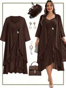 Reflora Vestido de tirantes con detalle de strass & Abrigo de frente abierto - Café integral - Ver 10