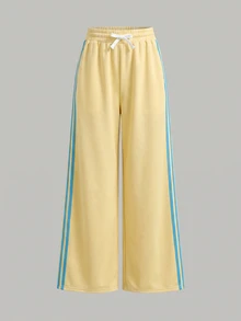 SHEIN Tween Girl Contrast Side Seam Drawstring Waist Wide Leg Pants - Multicolor - View 5