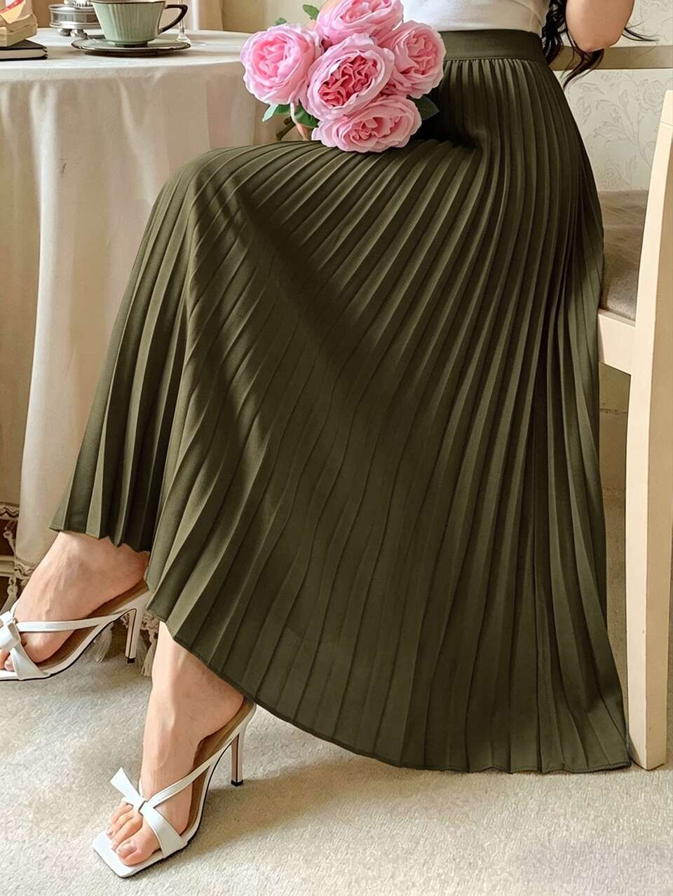 Solid High Waist Pleated Skirt Fall