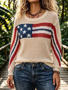 SHEIN CURVE+ كنزة صوفية بنمط أمريكانا مع أكتاف منسدلة مقاس كبير - متعدد الألوان - مشاهدة 3