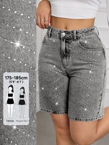 SHEIN Tall 水鑽裝飾牛仔短褲 - 淺灰色 - 查看 8