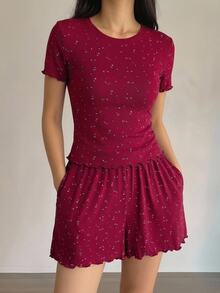 DAZY Lettuce Trim Tee & Shorts PJ Set - Burgundy - View 4
