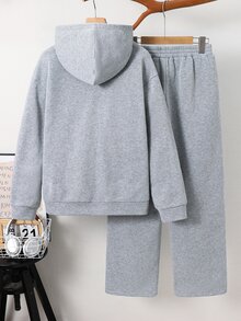 Kids 2pcs Teen Boy Casual Sporty Basic Gray Hooded Zip-Up Sweatshirt And Sweatpants Suitable For Autumn And Winter Back-To-School Season. - Light Grey - View 7
