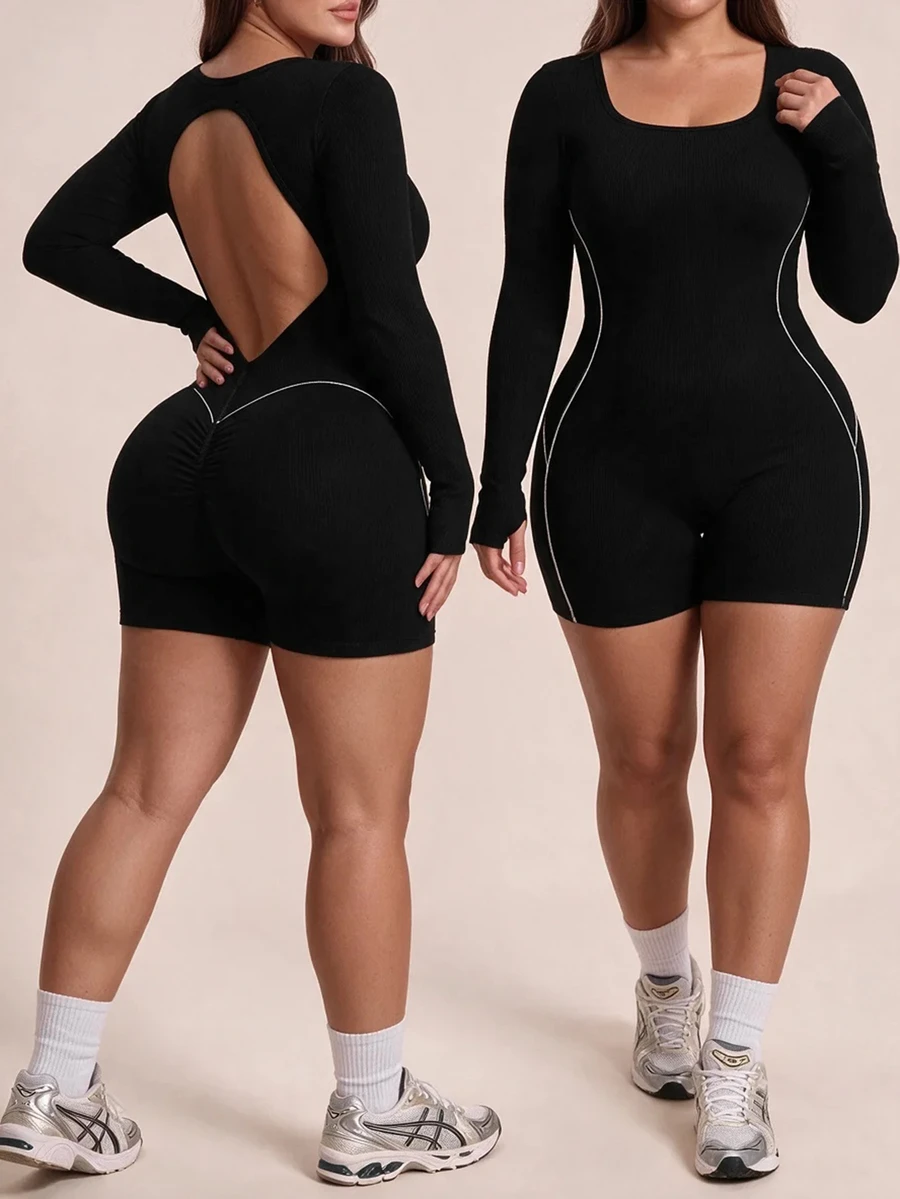 SHEIN Rhythm Era Plus 1pc Cut Out Back Contrast Piping Sports Romper - Black - View 1