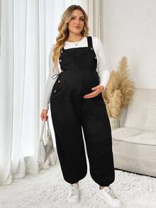 Plussiva Plus Maternity Solid Button Detail Overall Without Tee - Black - View 3