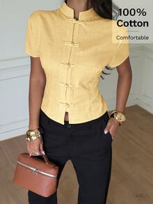 Siren Gaze Solid Button Front Crop Shirt - Light Yellow - View 5