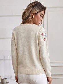 Sprig & Strand Floral Embroidery Drop Shoulder Popcorn Knit Sweater - Apricot - View 2