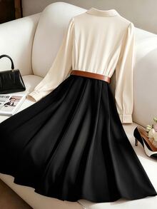 GlowEve CURVE Plus Two Tone Bow Front Shirt Dress Without Belt Fall - Multicolor - View 2
