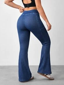 Flexra Plus High Waist Flare Leg Jeans With Phone Pocket - Blue - View 4
