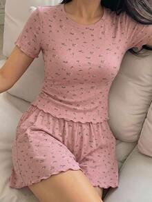 DAZY Ditsy Floral Lettuce Trim PJ Set - Pink - View 5