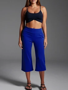 SHEIN Core Rhythm Plus Solid Ruched Back Capri Sports Cow Girl Pants Gym Pilates Royal Blue Summer - Navy Blue - View 2