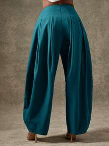 Vixey Solid Slant Pocket Fold Pleated Tapered Pants - Cadet Blue - View 4