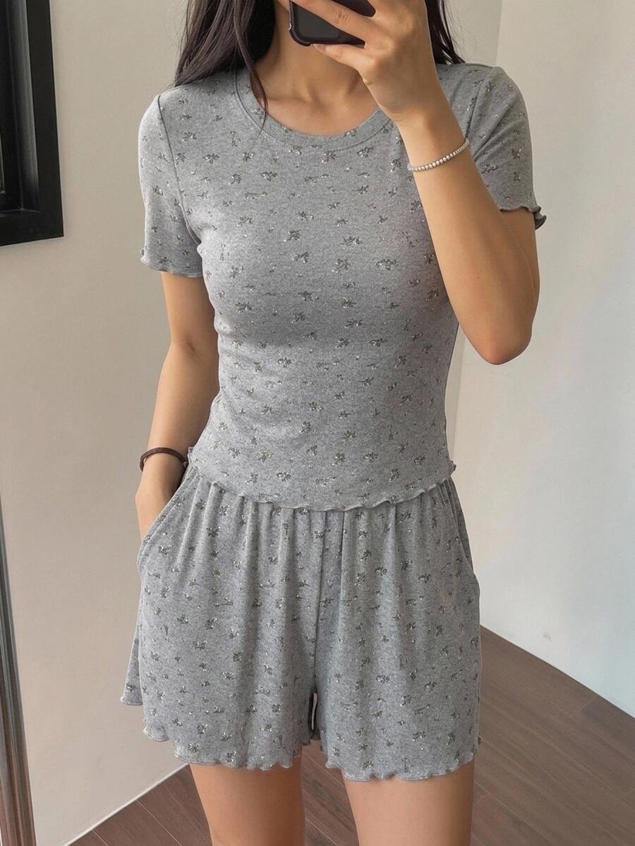 DAZY Ditsy Floral Print Lettuce Trim PJ Set - Grey - View 1