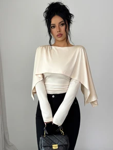 Elenzga 1pc Solid Ruched Waist Cape Bodysuit - Apricot - View 3