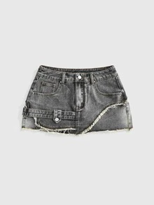 ROMWE Y2K 1pc Raw Hem Washed Denim Skirt - Grey - View 6