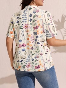Comfylo 大尺碼花卉印花缺口領泡泡袖上衣 - 彩色 - 查看 2