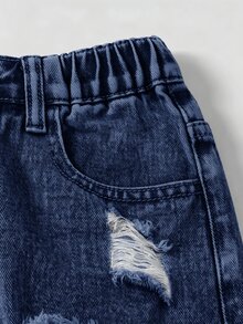 SHEIN 青少年女孩 1件裝 破洞磨邊直筒牛仔褲 - 深色水洗藍 - 查看 5