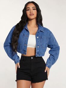 Slaydiva Jaket Denim Crop dengan Bahu Jatuh - Biru - View 1