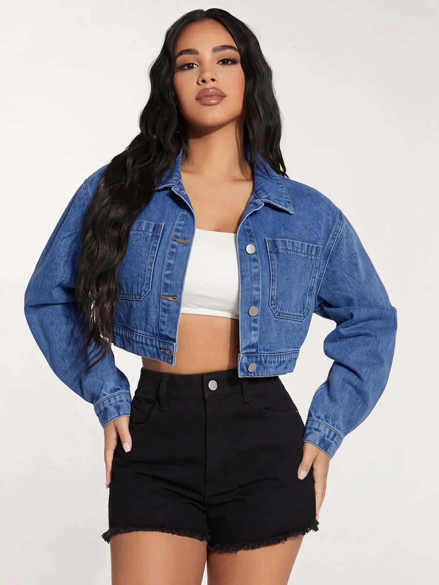 Slaydiva Jaket Denim Crop dengan Bahu Jatuh - Biru - View 1