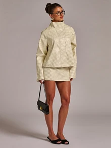 SHEIN BAE Mock Neck Polka Dot Print PU Leather Jacket - Yellow - View 1